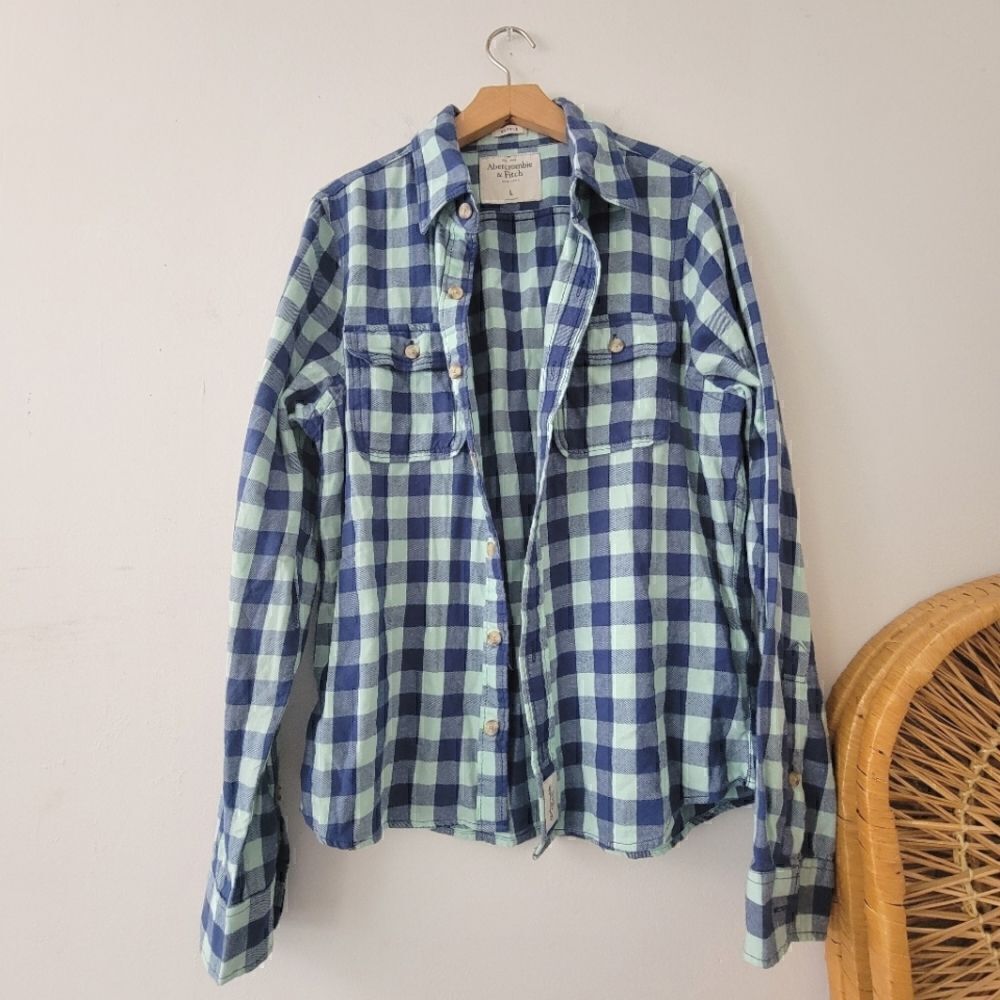 Abercrombie & Fitch Blue Gingham Muscle Button Down Flannel Shirt L